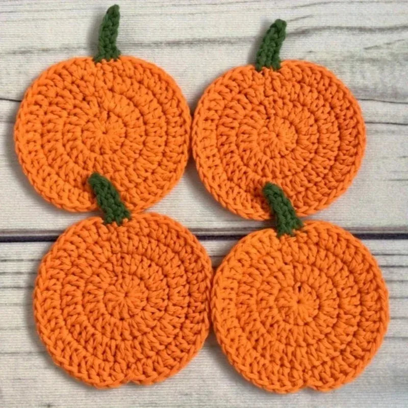 Autumn Crochet Pumpkin Coasters Handmade Fall Farmhouse Table Decor Heat-Resistant Drink Mats Halloween Kitchen Gift Accessories