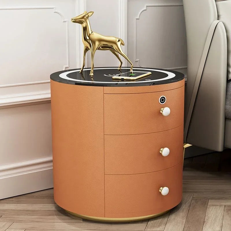 Luxury Smart Nightstand Phone Watch Wireless Charger Side Table Round Wooden Bedside Table With Led Light