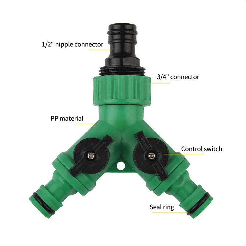 Garden Hose Y Connector 1/2" 3/4" Female Thread 2-way Tap Adapter Quick Joint Kit with On/Off Valve Water Splitter accessories