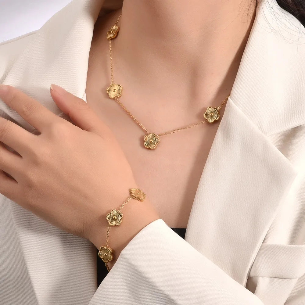 Gold Plated Lucky Five Leaf Flower Clover Necklace Bracelet Earrings For Women Girl Luxury Adjustable Jewelry Set Bijoux Gift