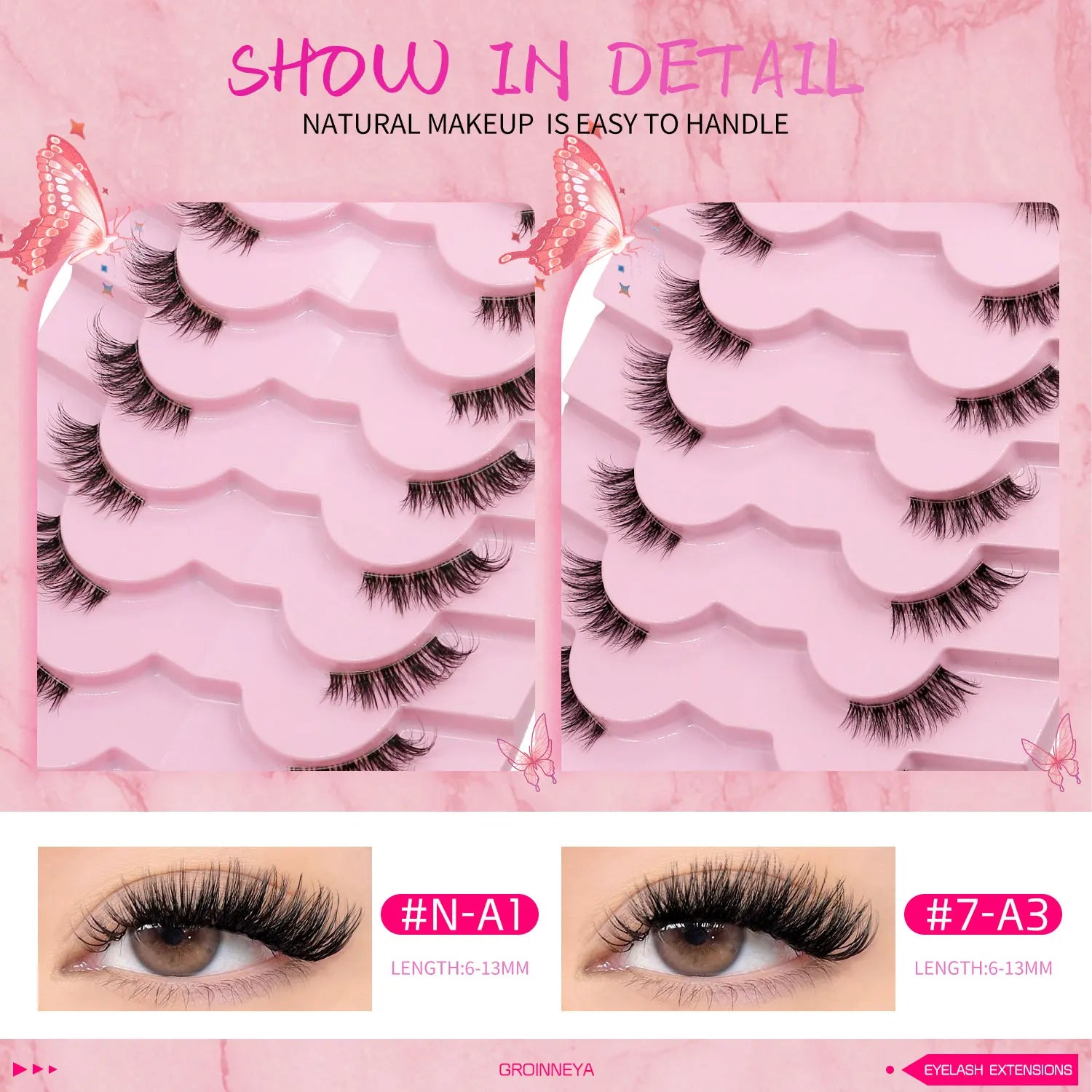 GROINNEYA Natural Half Lashes Cat Eyelashes Soft Wispy with Clear Invisible Band Reusable Faux Mink Eyelashes Makeup