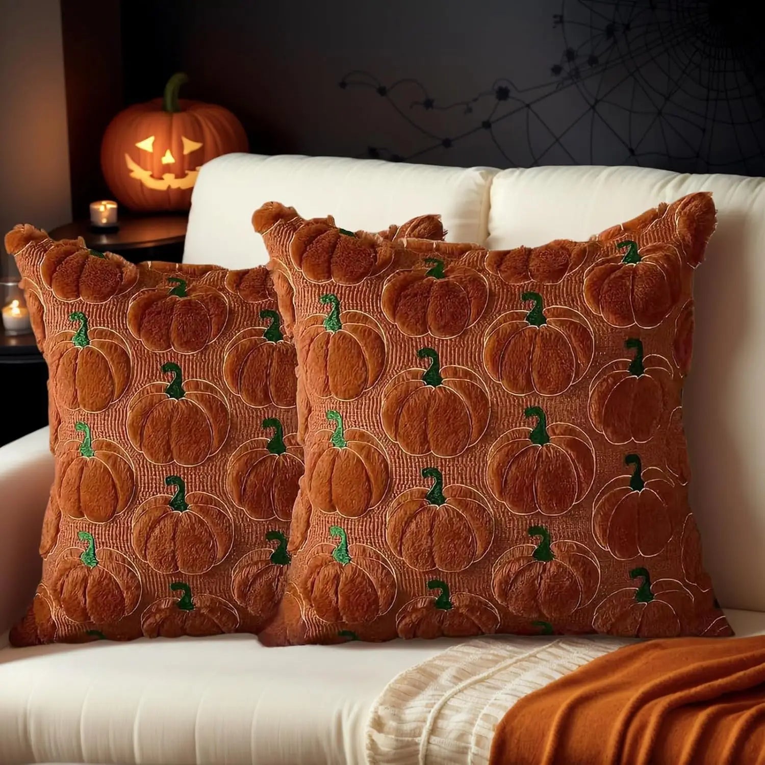 Autumn Pumpkin Home Decor Pillow Cover - Orange with Green Stem - Traditional Style - Suitable for Living Room, Bedroom, Sofa