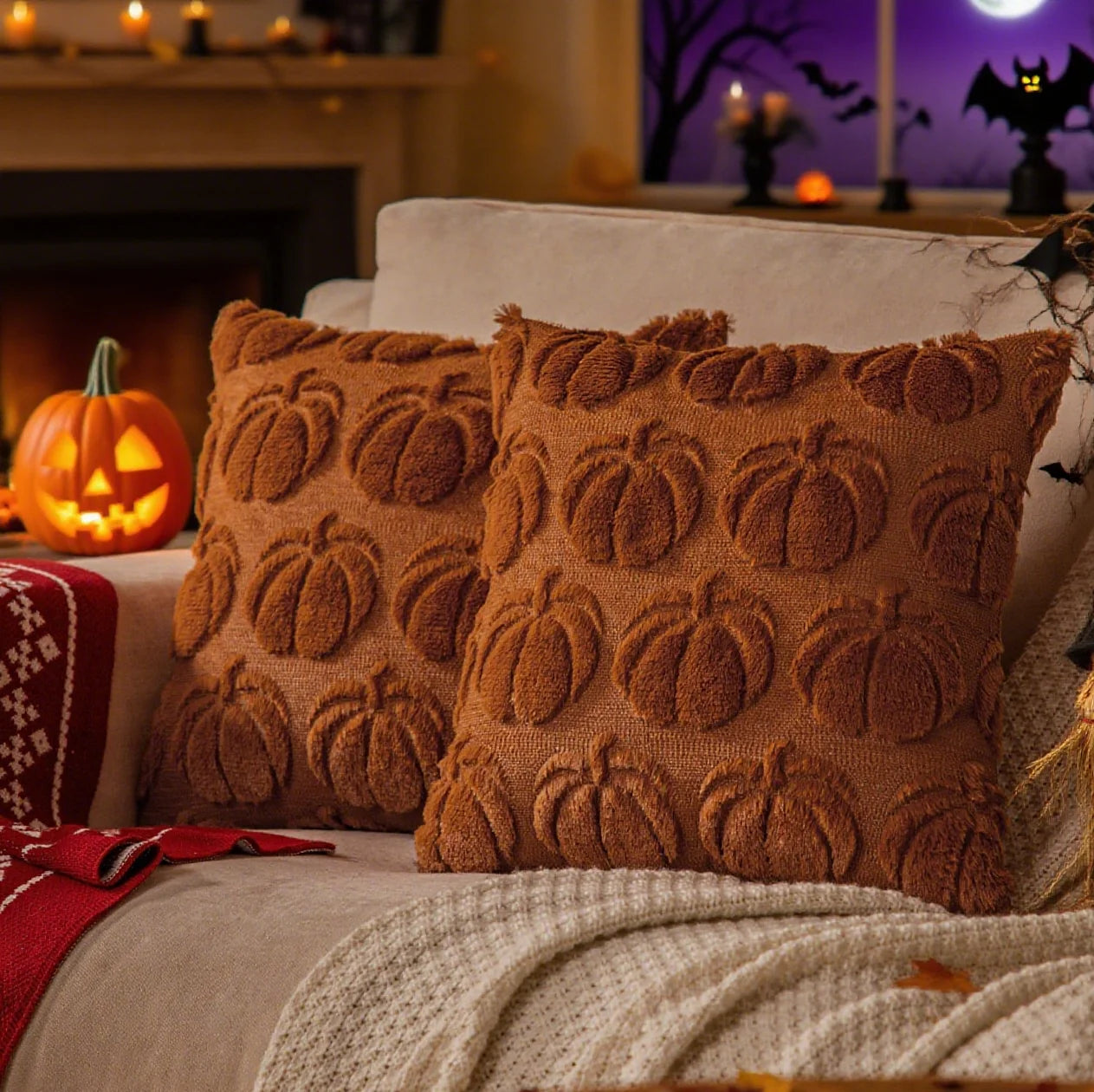 Autumn Pumpkin Home Decor Pillow Cover - Orange with Green Stem - Traditional Style - Suitable for Living Room, Bedroom, Sofa