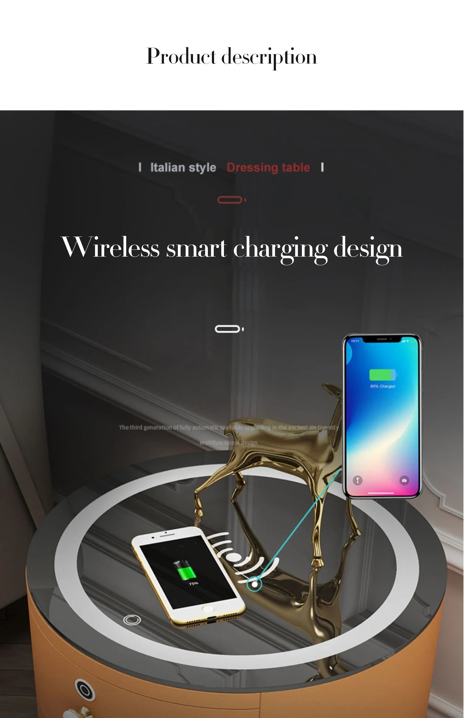 Luxury Smart Nightstand Phone Watch Wireless Charger Side Table Round Wooden Bedside Table With Led Light