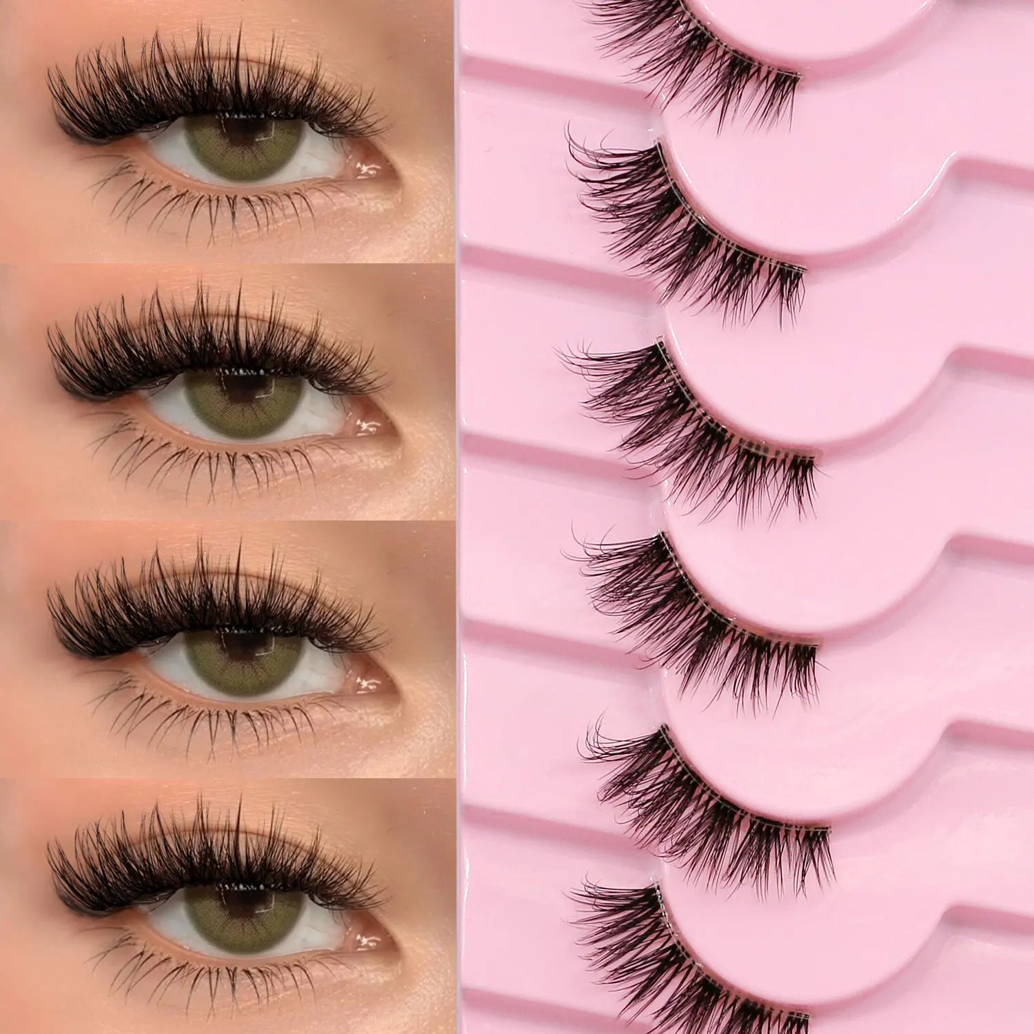GROINNEYA Natural Half Lashes Cat Eyelashes Soft Wispy with Clear Invisible Band Reusable Faux Mink Eyelashes Makeup