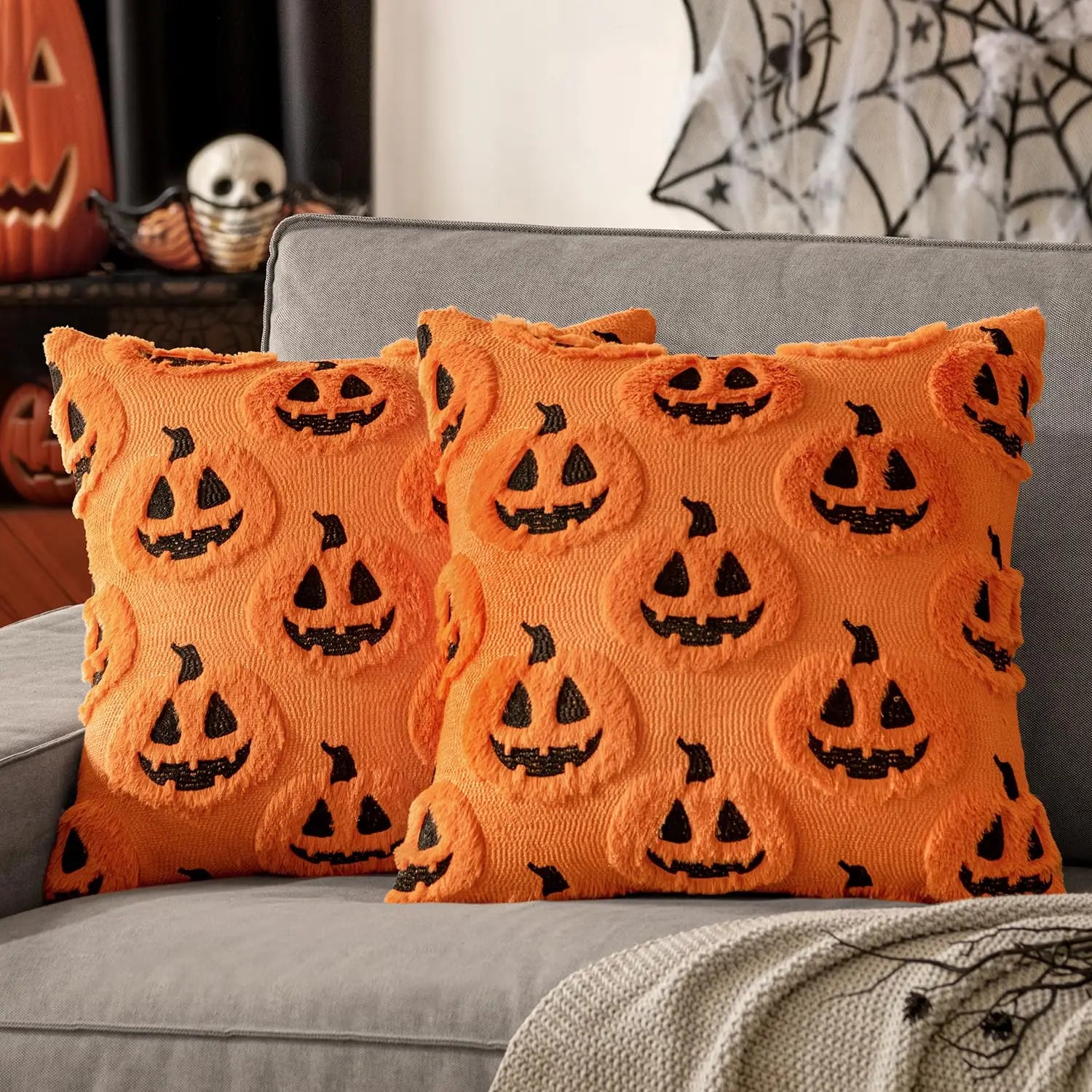 Autumn Pumpkin Home Decor Pillow Cover - Orange with Green Stem - Traditional Style - Suitable for Living Room, Bedroom, Sofa
