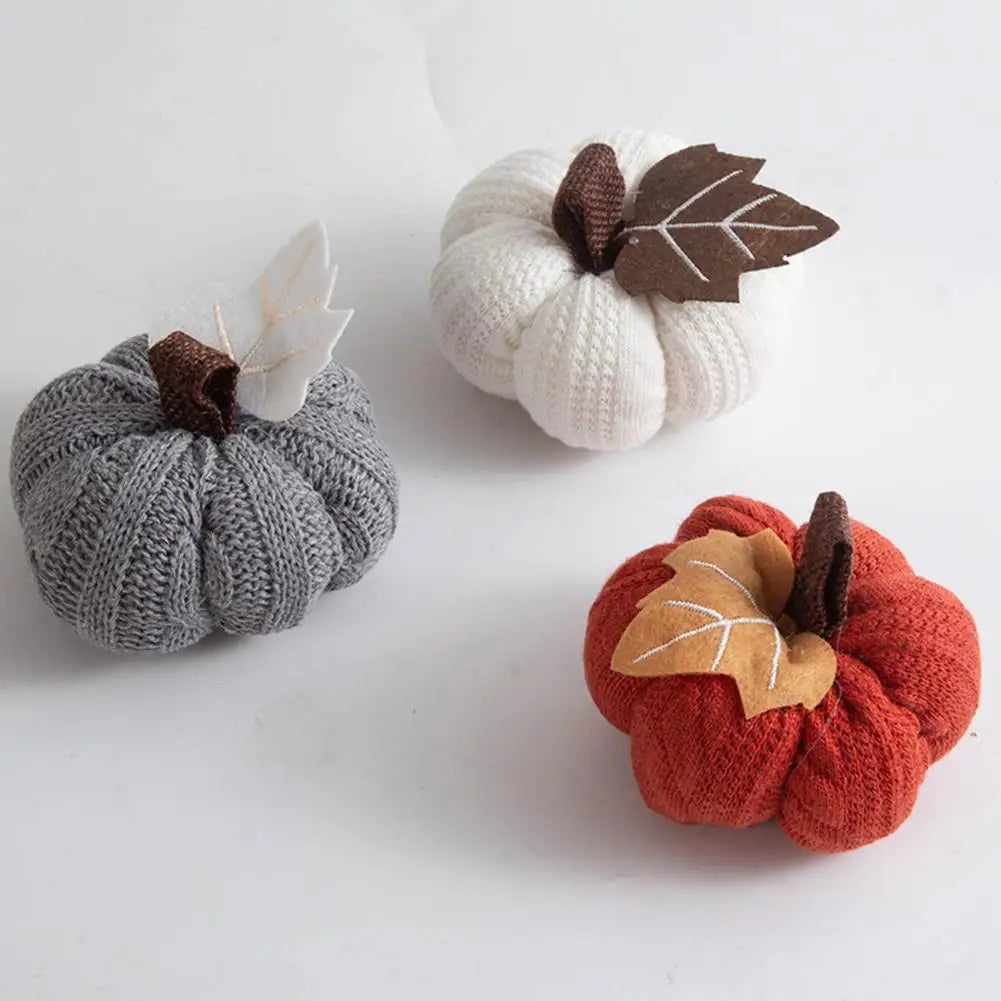 Autumn Vibes Decoration Fall Farmhouse Display Set of 3 Mini Knit Pumpkins for Thanksgiving Table Decor Realistic Faux Fall