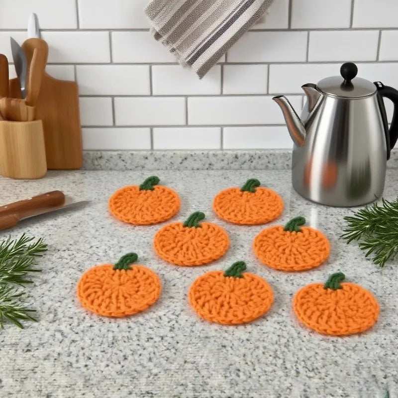 Autumn Crochet Pumpkin Coasters Handmade Fall Farmhouse Table Decor Heat-Resistant Drink Mats Halloween Kitchen Gift Accessories