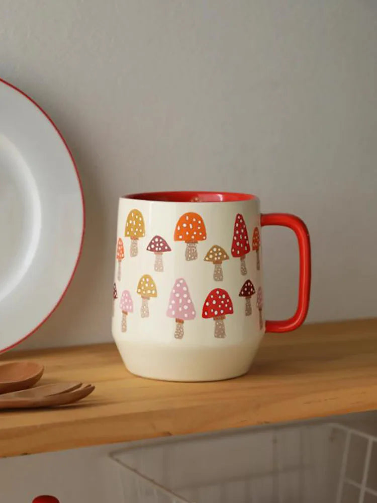 European Style Ceramic Mushroom Water Cup Exquisite Red Coffee Mug English Afternoon Camellia Flower Tea Cup Home Breakfast Mug