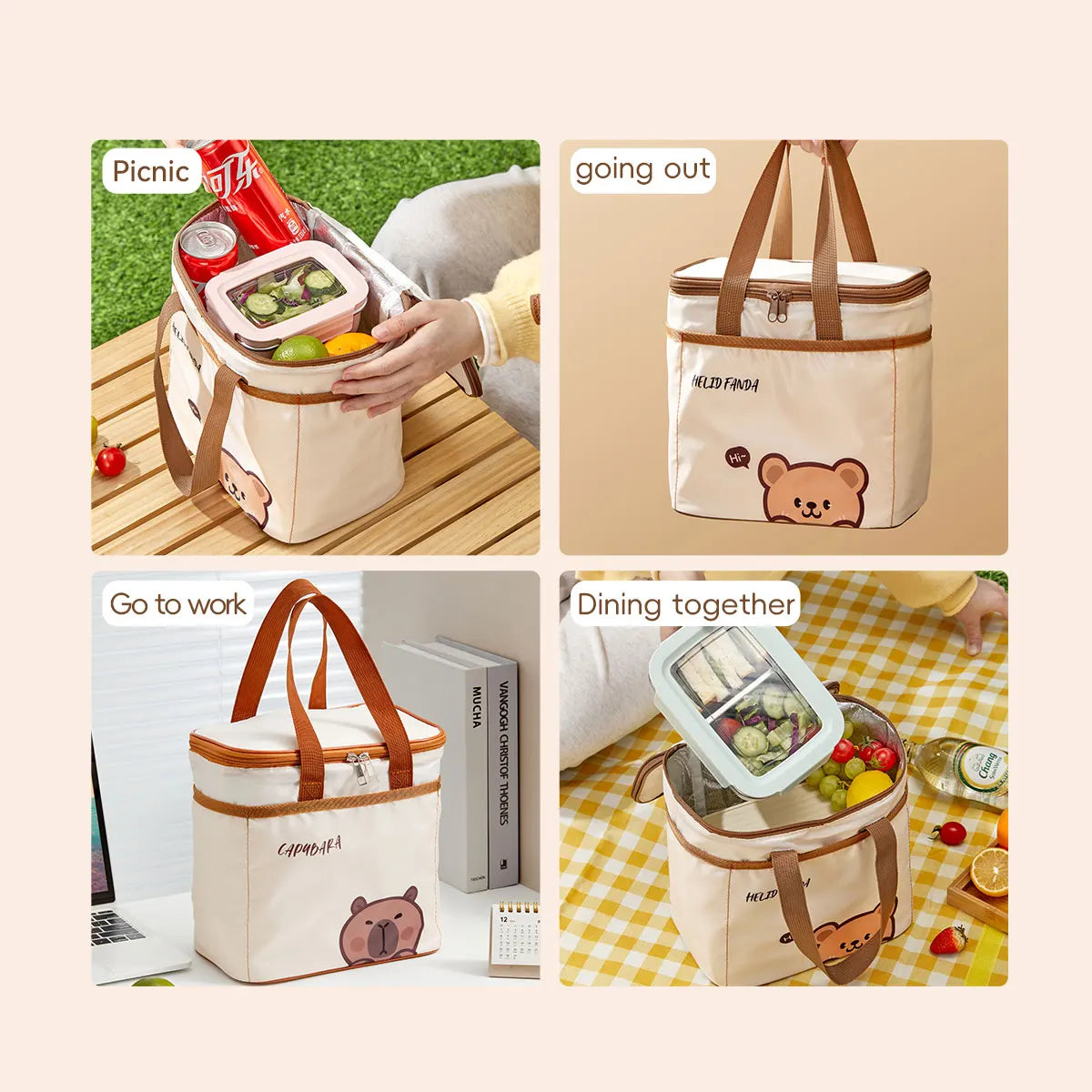WORTHBUY Cute Thermal Lunch Box Bag Portable Large Capacity Insulated Lunch Bag Waterproof Reusable Cooler Bag Picnic Bag