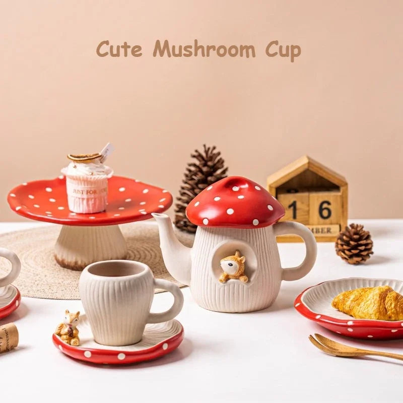 Mushroom Ceramic Cup with Lid Portable Breakfast Milk Cup and Disc Kitchen Utensils Set Home Kettle Tableware Birthday Gifts