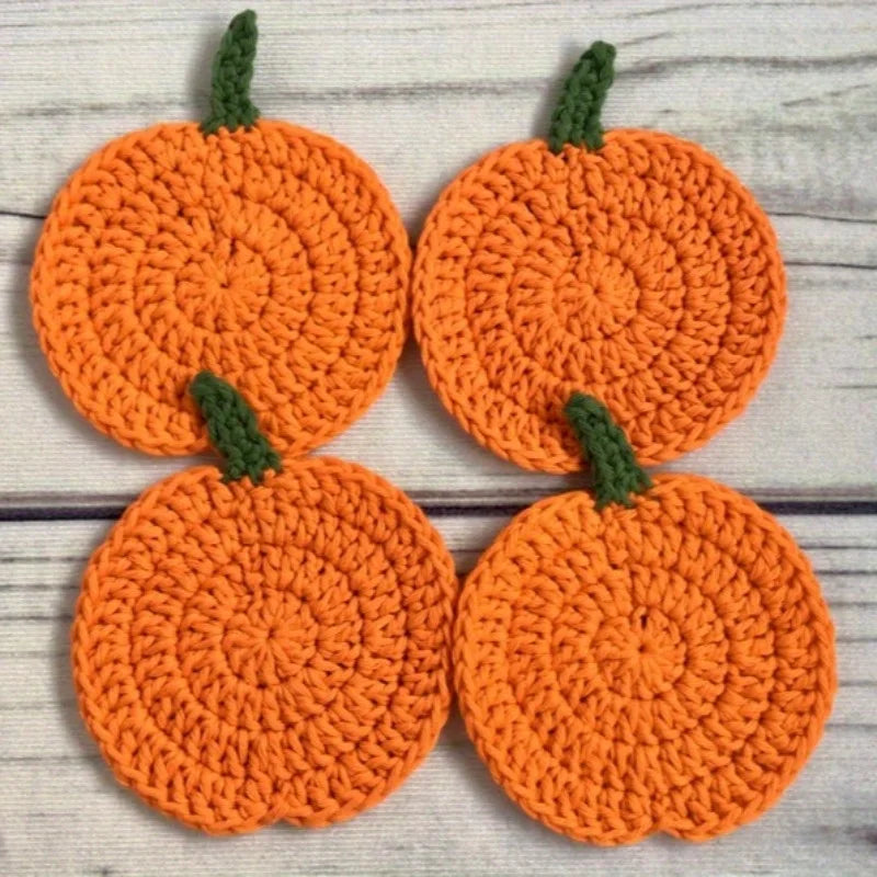 Autumn Crochet Pumpkin Coasters Handmade Fall Farmhouse Table Decor Heat-Resistant Drink Mats Halloween Kitchen Gift Accessories
