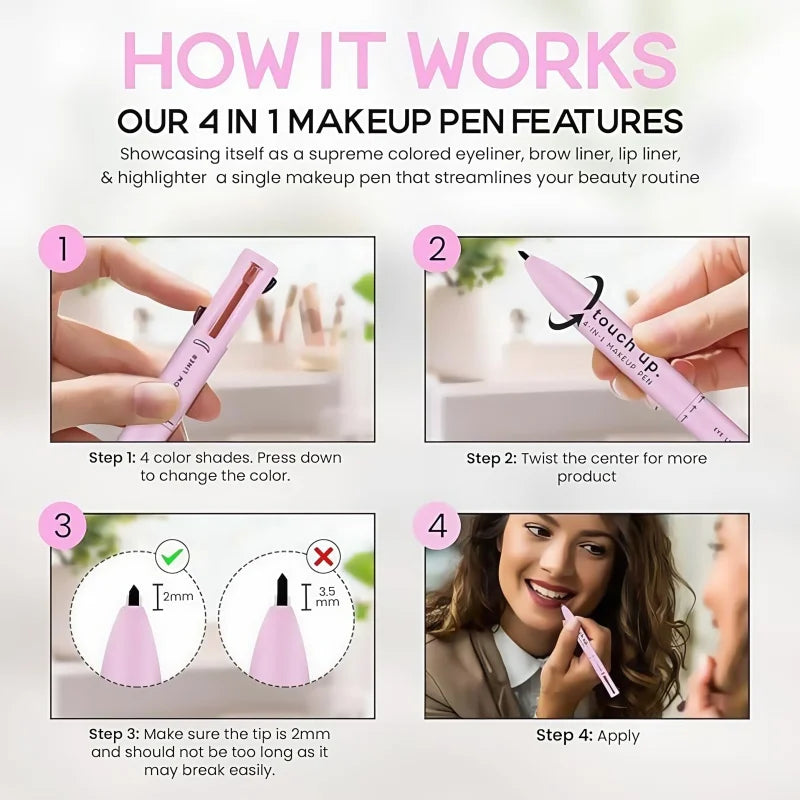4 In 1 Eyeliner Eyebrow Pencil Waterproof Long Lasting Easy Color Eyebrow Pen Sweatproof Lip Liner Pen Makeup Cosmetic Tool
