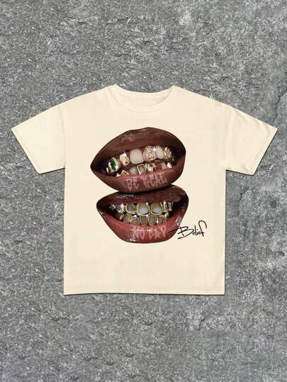 Lip Print Crew Neck Casual Short Sleeve T-Shirt