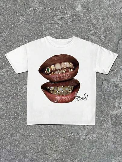 Lip Print Crew Neck Casual Short Sleeve T-Shirt