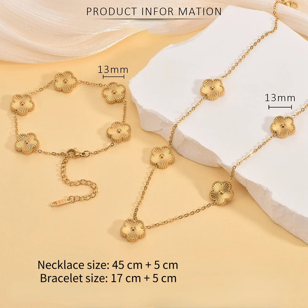 Gold Plated Lucky Five Leaf Flower Clover Necklace Bracelet Earrings For Women Girl Luxury Adjustable Jewelry Set Bijoux Gift
