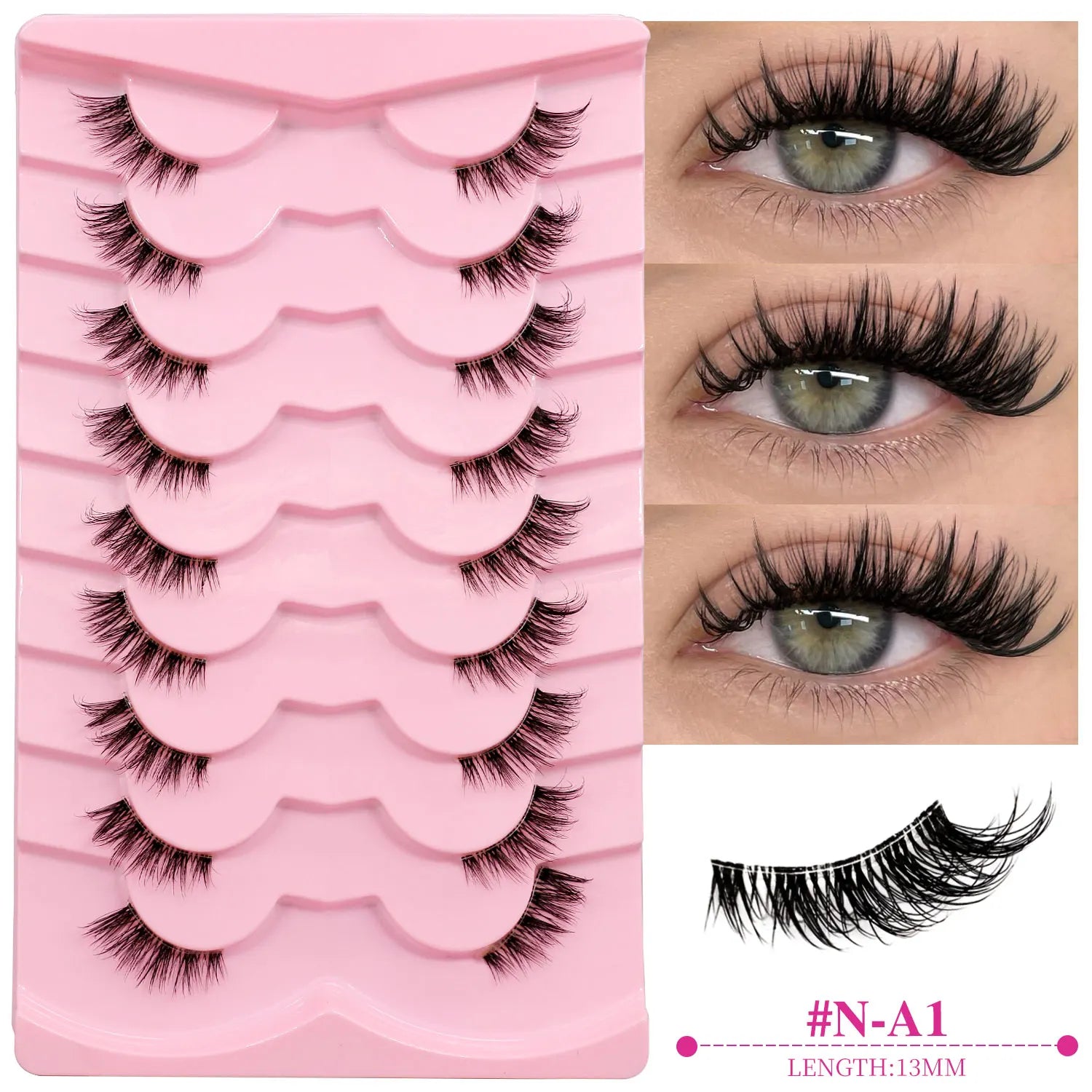 GROINNEYA Natural Half Lashes Cat Eyelashes Soft Wispy with Clear Invisible Band Reusable Faux Mink Eyelashes Makeup