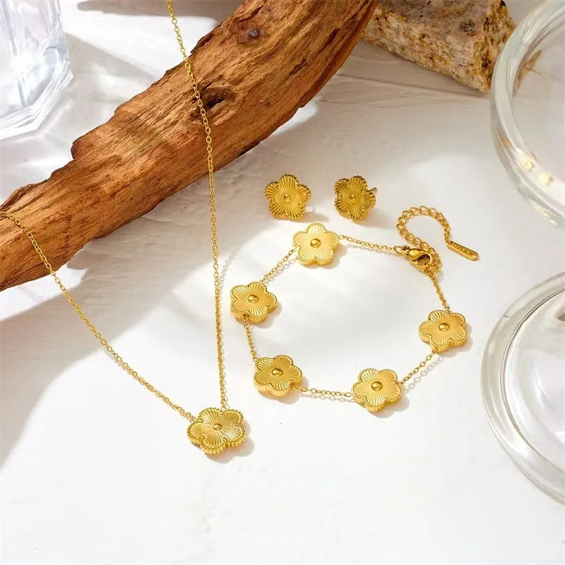 Gold Plated Lucky Five Leaf Flower Clover Necklace Bracelet Earrings For Women Girl Luxury Adjustable Jewelry Set Bijoux Gift