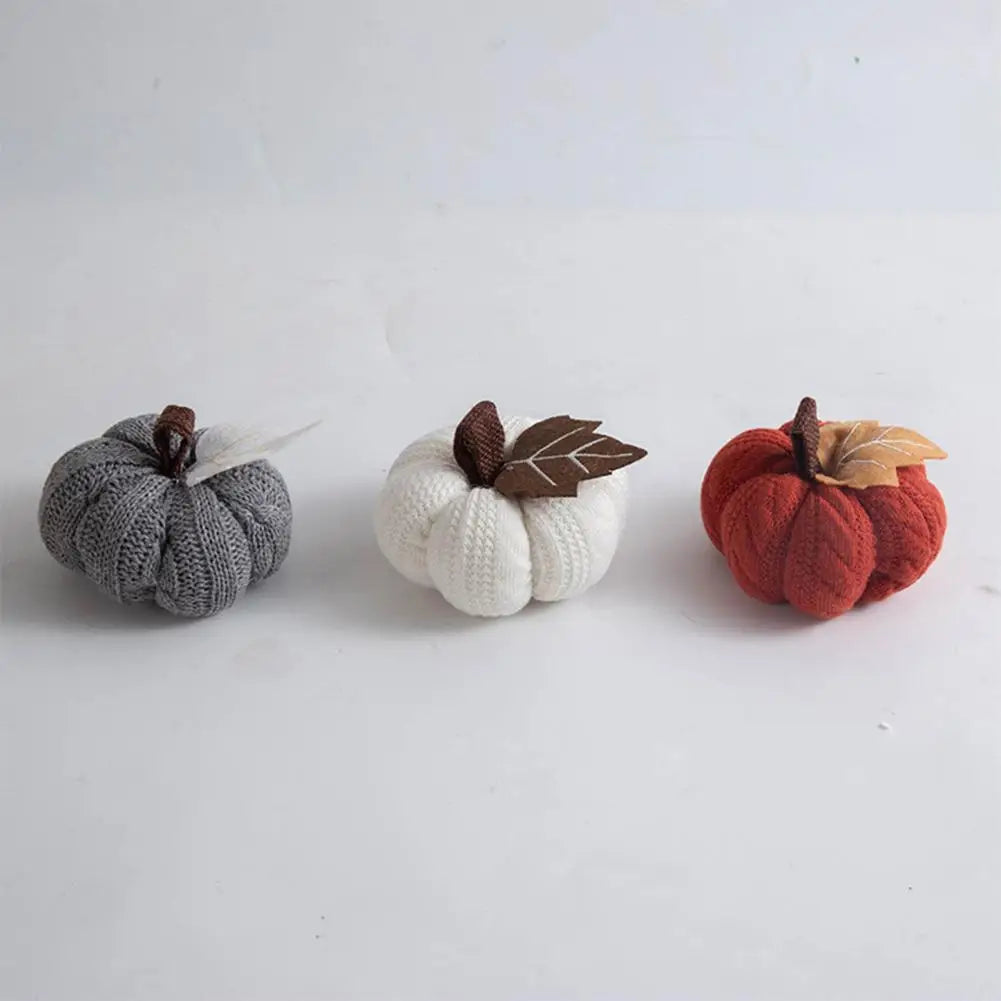 Autumn Vibes Decoration Fall Farmhouse Display Set of 3 Mini Knit Pumpkins for Thanksgiving Table Decor Realistic Faux Fall