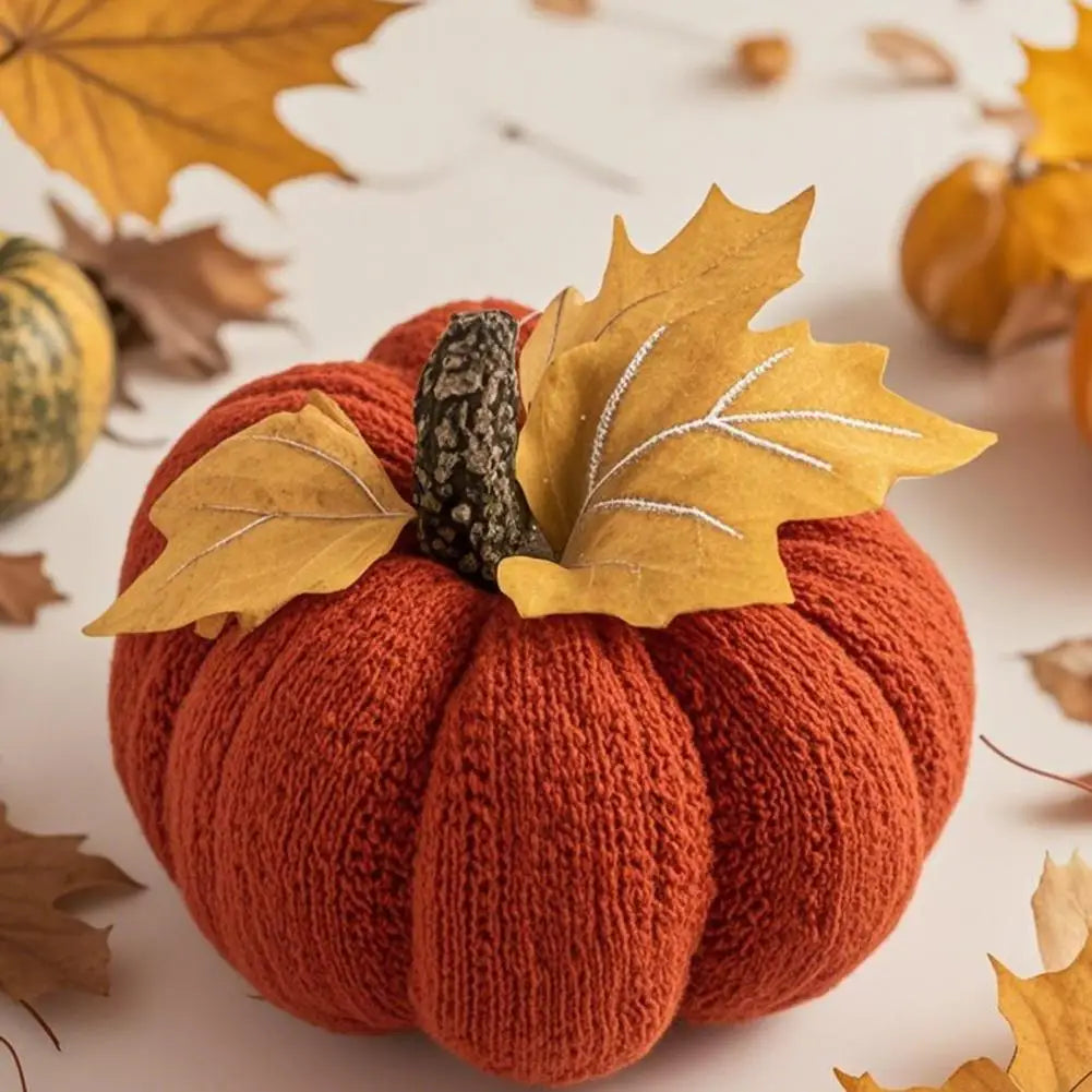 Autumn Vibes Decoration Fall Farmhouse Display Set of 3 Mini Knit Pumpkins for Thanksgiving Table Decor Realistic Faux Fall