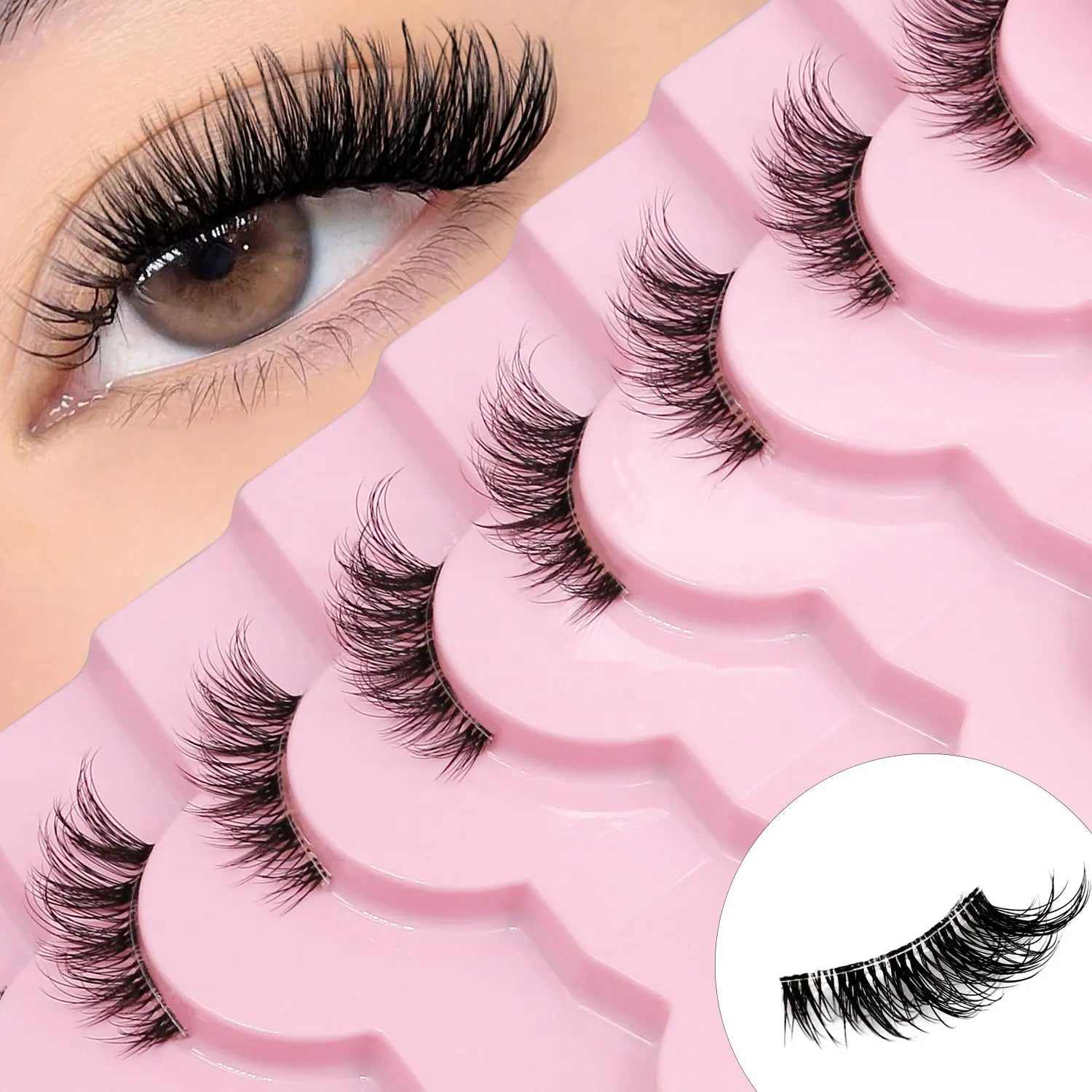 GROINNEYA Natural Half Lashes Cat Eyelashes Soft Wispy with Clear Invisible Band Reusable Faux Mink Eyelashes Makeup